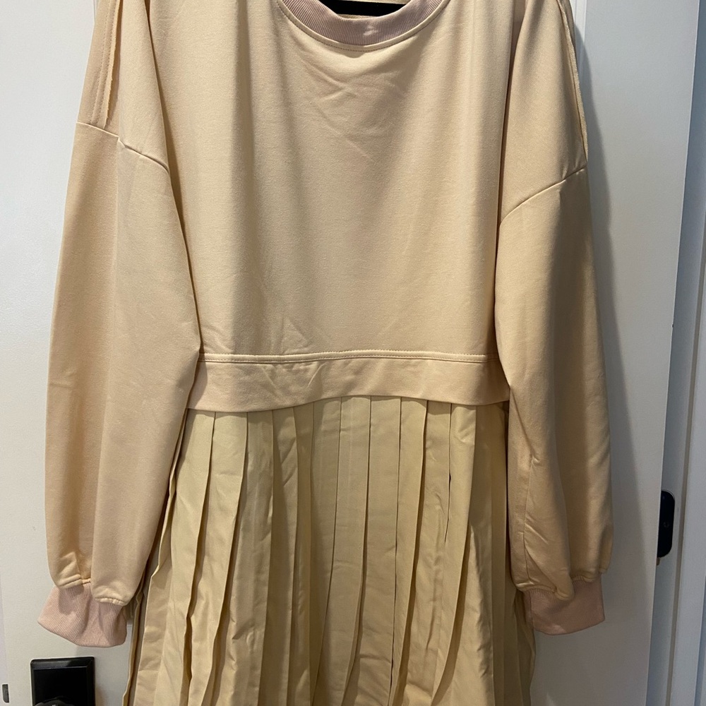 Pleated Hem Sweatshirt Dress in Light Beige